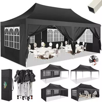 LuxusKollektion Faltpavillon 3x6m wasserdicht mit 6 Seitenteilen, UV-Schutz, schwarz