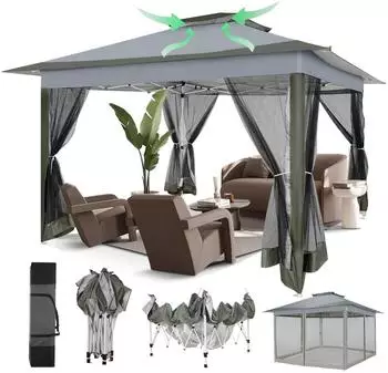 COBIZI Pop-Up Pavillon 3x3m Doppeldach mit Moskitonetz, dunkelgrau