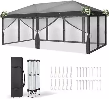 LuxusKollektion Faltpavillon 3x6m anthrazit, UV-Schutz 50+, wasserdicht, mit Moskitonetzen