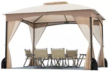 Costway Gartenpavillon 3x3,6m Doppeldach 4 Moskitonetze khaki