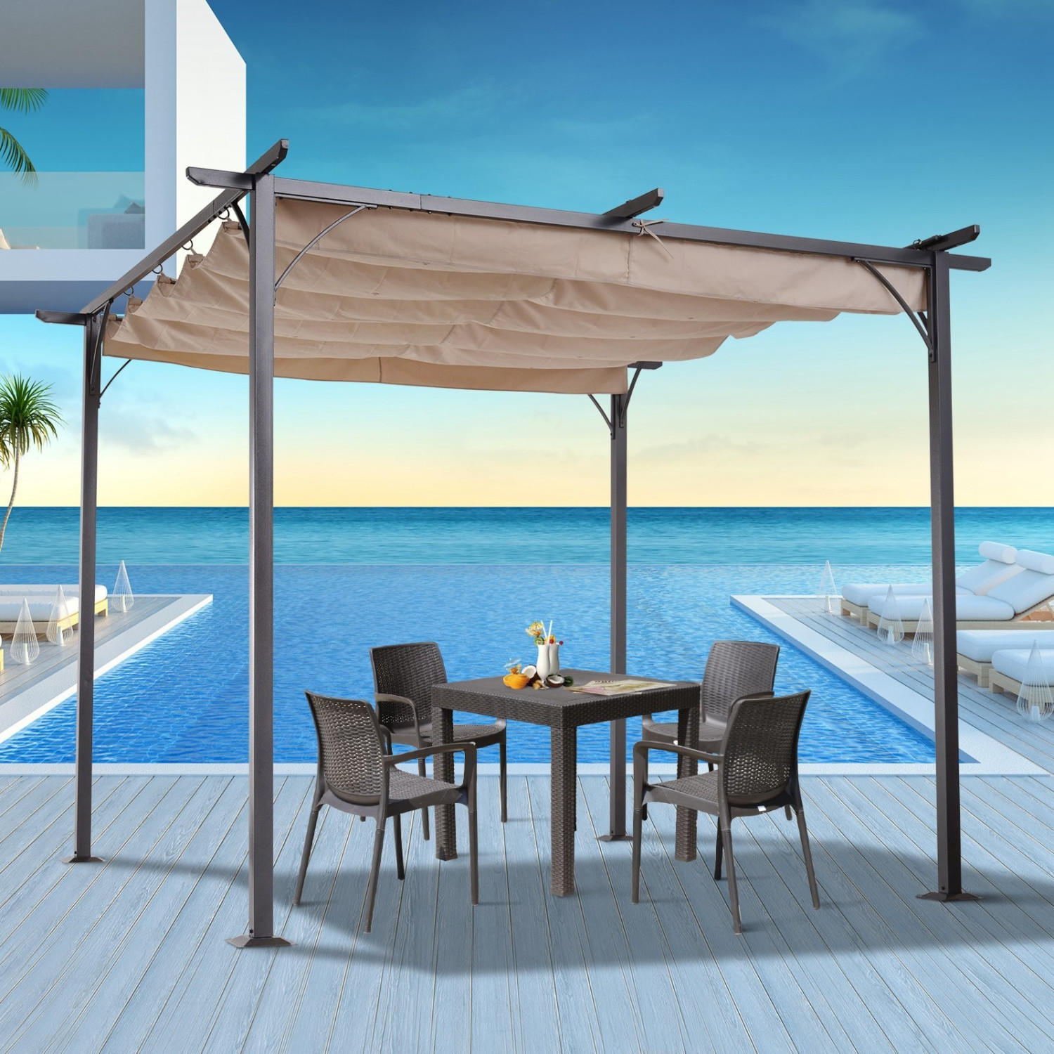 Outsunny Pavillon mit Schiebedach und Seilzug 300 x 300 cm beige (84C