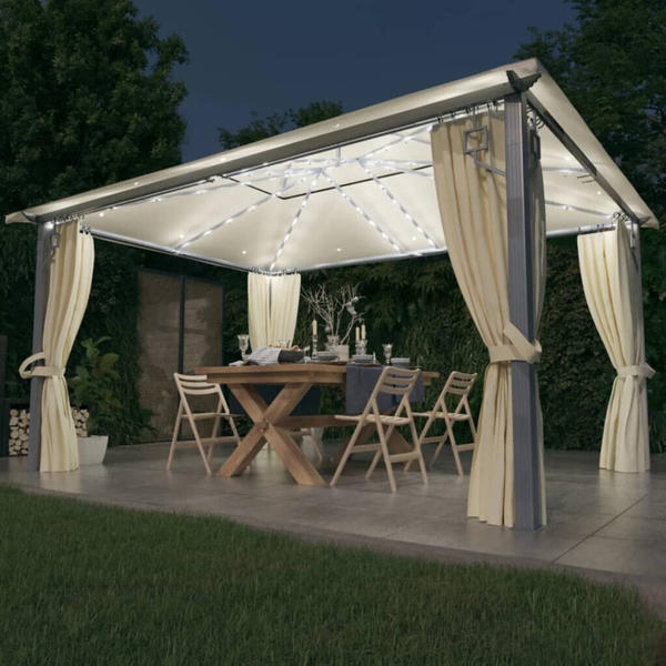 vidaXL Pavillon mit Vorhängen & LED-Lichterkette 400 x 300 cm creme Alu (3070335)