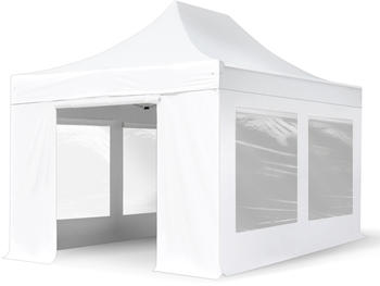Toolport Faltpavillon Professional Alu 40 mm feuersicher Seitenteile mit Panoramafenstern weiß 3 x 4,5 m (582876)