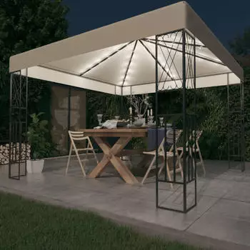 vidaXL Pavillon mit LED-Lichterkette 3 x 3 m creme Stoff (3070326)