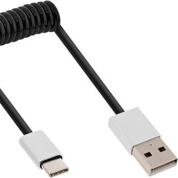 InLine USB 2.0 Spiralkabel, USB-C zu USB-A, schwarz/Alu, 2m (35872)