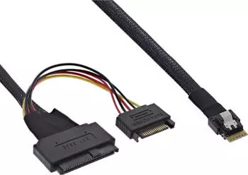 InLine Internes SAS-Kabel Slim SAS SFF-8654 4i zu U.2 SFF-8639 + SATA Strom, 24Gb/s, 50cm schwarz (27644A)