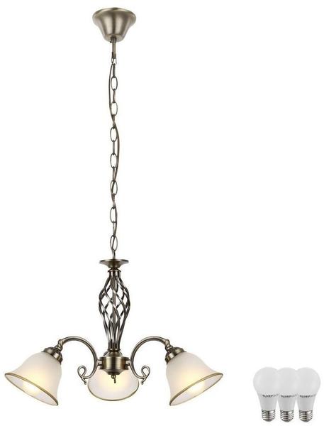 etc-shop Hänge Lampe Kronleuchter Wohn Zimmer Altmessing Glas Leuchte satiniert im Set inkl LED Leuchtmittel