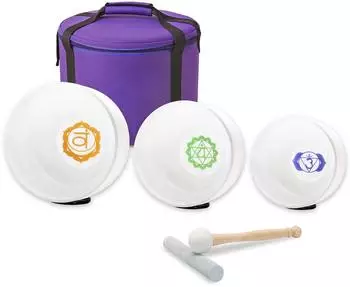 Keepdrum Quarz-Klangschalen-Set 3-Chakren, farbig, mit Zubehör (csbcol612-3)