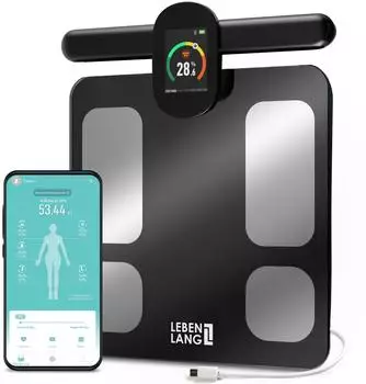 Lebenlang Fitness K&ouml;rperfettwaage mit Handsensoren Gro&szlig;es Display App Connect I 29 Messwerte bis 180 Kg K&ouml;rperfett Muskelmasse