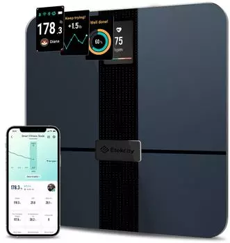 Etekcity Körperfettwaage mit Großem Display Waage Körperfett und Muskelmasse präzise Personenwaage Herzfrequenz unbegrenzte Benutzerprofile in der App WifiBluetooth USB-Aufladung