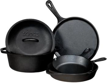 Lodge Pfannen-Set schwarz aus bereits eingebranntem Gusseisen, 5-teilig