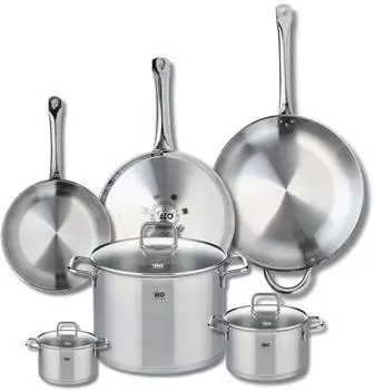 Elo Profi Citrin stainless steel frying pan set 24, 28 and 32 cm with stockpots 12, 16 and 26 cm