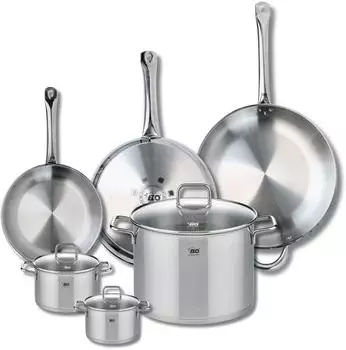 Elo Profi Citrin stainless steel frying pan set 24, 28 and 32 cm with stockpots 12, 14 and 26 cm