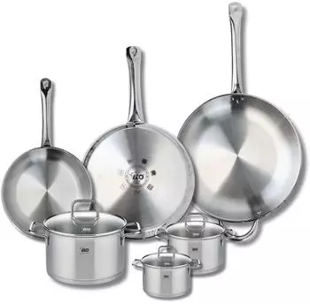 Elo Profi Citrin stainless steel frying pan set 24, 28 and 32 cm with stockpots 12, 14 and 20 cm