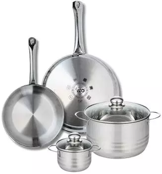 Elo Profi Brillant stainless steel frying pans 24 and 28 cm with stockpots 12 and 20 cm