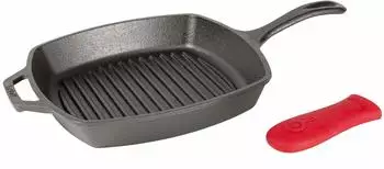 Lodge Gusseisen-Grillpfanne mit rotem Silikon-Griffhalter, vorgewürzt, 26,7cm (L8SGP3ASHH41B)