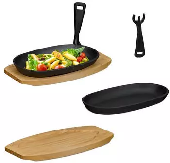 Relaxdays Servierpfanne 2-er Set Gusseisen Holzuntersetzer &Oslash; 23 cm Schwarz/Natur