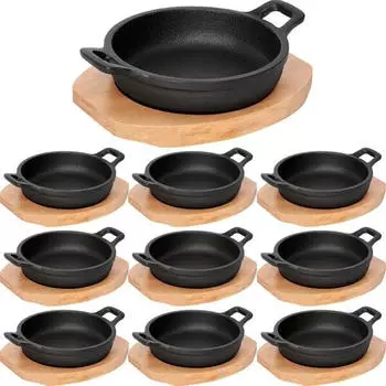 WAS Germany Servierpfanne mit Holzuntersetzer und zwei Seitengriffen, Gusseisen, Ø13cm, 10er-Set (0735654443469)