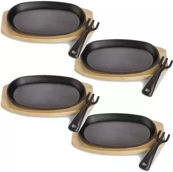 Echtwerk Servierpfannen-Set aus Gusseisen mit Servierbrett, 4-tlg., Ø 24x14cm