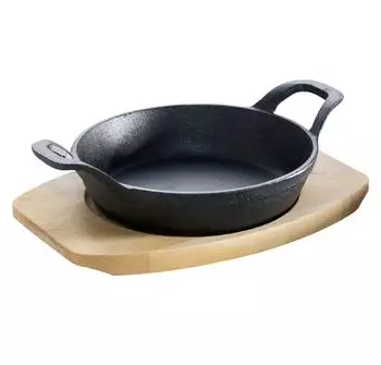 Paella World Gusseisen-Servierpfanne &Oslash;15cm mit 2 Griffen & Holzuntersetzer, Induktion