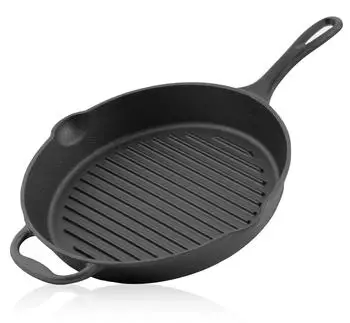 BBQ-Toro Gusseisen-Grillpfanne gerippt, &Oslash; 34cm, mit Griff und 2 Ausgie&szlig;er