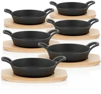 BBQ-Toro Servierpf&auml;nnchen Gusseisen mit Holzunterlage, &Oslash; 16cm, 6 St&uuml;ck (PAN18_set6)
