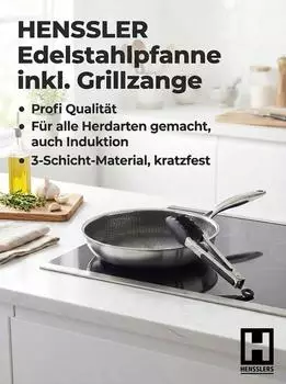 HENSSLERS Premium Bratpfanne 24 cm 2-tlg. Silber/Grau Edelstahl