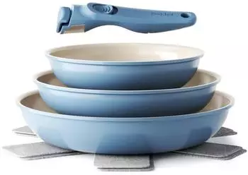 Redchef Pfannenset 6-teilig, Keramik-Antihaft, Induktion, blau, 20/24/28cm, abnehmbarer Griff