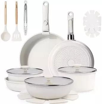 LuxusKollektion 19-teiliges Pfannen-Set Antihaft, abnehmbare Griffe, weiß