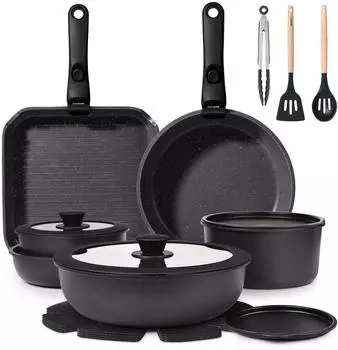 LuxusKollektion Pfannen-Set 19-teilig, Antihaft, abnehmbare Griffe, stapelbar, schwarz