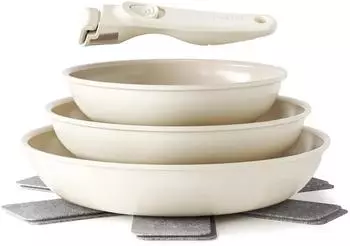 Redchef Pfannenset 6-teilig, Keramik-Antihaft, Induktion, beige, 20/24/28cm, abnehmbarer Griff