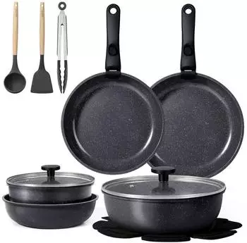 LuxusKollektion Pfannen-Set 16-teilig, Antihaft, abnehmbarer Griff, schwarz