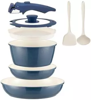 LuxusKollektion Keramik-Pfannenset 8-teilig, abnehmbarer Griff, blau, Induktion