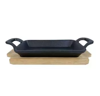 Gusseisenkuss Gusseisenpfanne mit Griffen und Holzuntersetzer 22,5x10cm (9709)