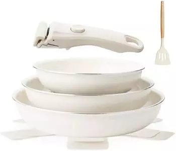 LuxusKollektion Pfannenset 7-teilig Keramik Induktion abnehmbarer Griff beige, 20/24/28cm