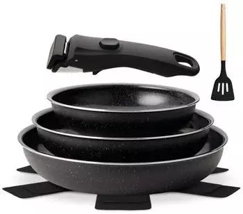 LuxusKollektion Pfannen-Set 7-teilig, Keramik, Induktion, abnehmbarer Griff, 20/24/28cm, schwarz