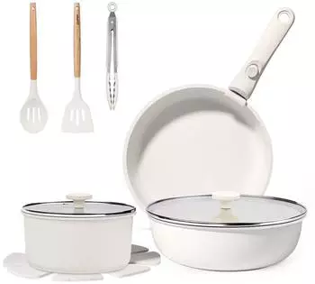 LuxusKollektion Pfannen-Set 11-teilig, Antihaft, abnehmbare Griffe, wei&szlig;, stapelbar
