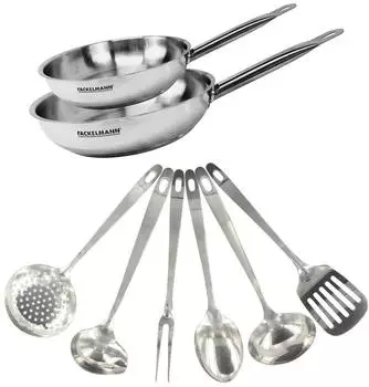 Fackelmann Eterna 2er-Set Pfannen Edelstahl 18/8, 24 und 28 cm, mit 6 Utensilien, Induktion