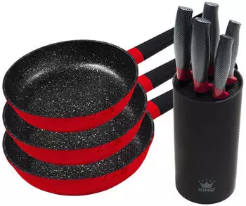 King Pfannen-Set 3-tlg Induktion Shine Red + mit 6-teiligem Messerblock