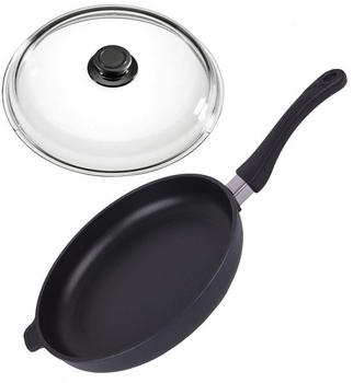 AMT Gastroguss AMT Bratpfanne flach Aluguss beschichtet Set mit Deckel 26 cm / abnehmbarer Stiel / induktionsgeeignet / mit Edelstahlrand