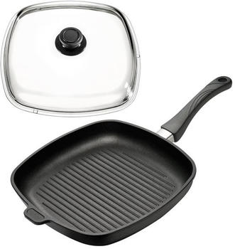 Eurolux Grillpfanne eckig 28x28 cm Aluguss beschichtet & Glasdeckel fester Stiel / nicht induktionsgeeignet / mit Edelstahlrand