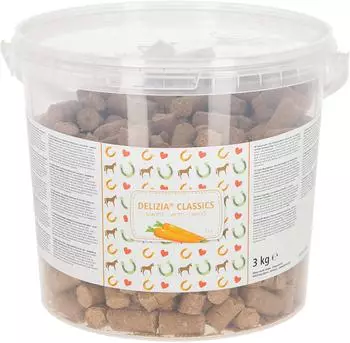 Kerbl Delizia Belohnungswürfel Classic (für Pferde 3 kg Eimer Geschmacksrichtung Karotte mit natürlichem Gehalt an Mineralstoffen Pferdesnack) 325132