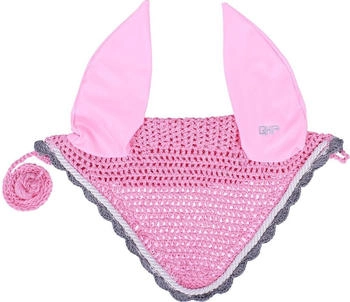 QHP Fliegenhaube gehäkelte Baumwolle Zierkordel Kehlriemenschlaufen Stick-Logo (Flamingo pink, Warmblut)