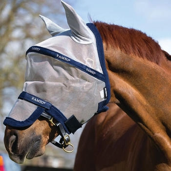 Horseware Rambo Plus Fly Mask Untreated - Silver/Navy, Größe:Kleines Pony