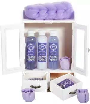 Brubaker Bade- und Pflege-Geschenkset Lavendel, 10-tlg., im Vintage-Schränkchen weiß