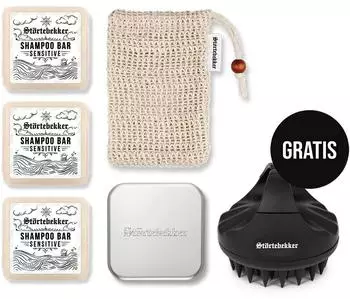 St&ouml;rtebekker Premium Duschset Festes Shampoo Sensitiv pH-neutral (x3) mit Sisals&auml;ckchen & Seifendose Aluminium