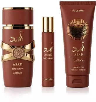 Lattafa Asad Bourbon Geschenkset Herren, Eau de Parfum 100ml + Travel Spray 12ml + Duschgel 100ml
