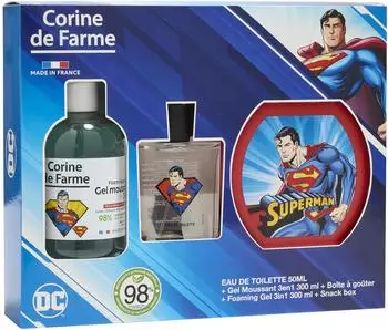 Corine de Farme Superman Geschenkset Kinder, Eau de Toilette 50ml + Duschgel 3-in-1 300ml + Lunchbox, Apfelduft