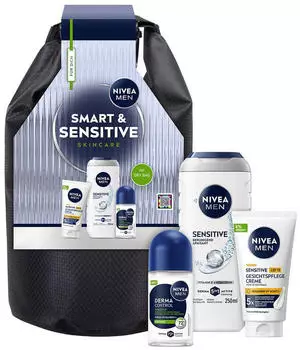 Nivea Smart & Sensitive Geschenkset Herren, Duschgel + Gesichtscreme LSF15 + Deo Roll-On