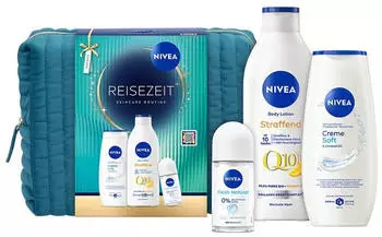 Nivea Geschenkset "Reisezeit 2026" Duschcreme, Lotion, Deo Roll-On & Kulturtasche, 4-tlg.